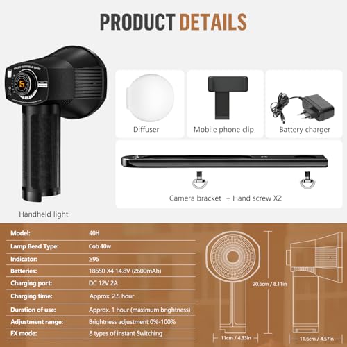LENSGO 40H Retro Camera Flash Light with Diffuser, Rechargeable 40W Bi-Color 2700K-7000K CRI96 Video Light, Dimmable 0-100%, 8 Lighting Effects, Compatible with DSLR/GoPro/Sony/Canon/iPhone