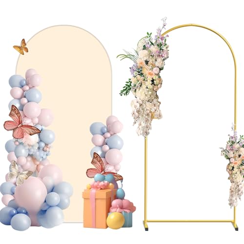 Metal Arch Backdrop Stand and Cover Set, 6FT Beige Reusable Spandex Fitted Backdrop Cover and Gold Wedding Arch Frame for Baby Shower, Birthday, Parties Decoration. - color: Beige, size: 6ft