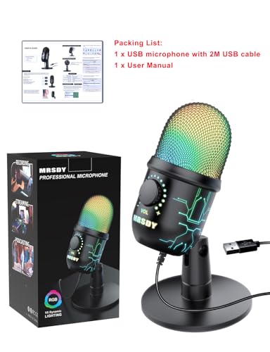 MRSDY USB Gaming Microphone for PC with Noise Reduction, Mute, Gain, RGB | Condenser Mic, Headphone Jack, Suitable for PC, Computer, PS4, PS5, Mac, Streaming, Podcasting, Recording, YouTube, Discord