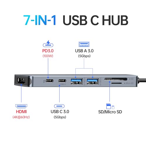 USB C Hub HDMI Adapter for MacBook Pro/Air, 7 in 1 USBC Dongle with HDMI, microSD/SD Card Reader, USB C Data Port,100W PD, and 2 USB 3.0 Compatible for MacBook Pro/Air, Dell XPS, Lenovo Thinkpad. - color: Space Gray