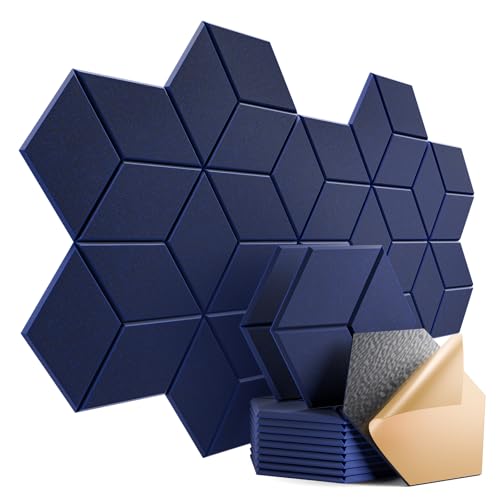 12 Pack Self-adhesive Acoustic Panels 12" X 10" X 0.4" -Sound Proof Foam Panels with High Density, Fashionable Y-Lined Design, Flame Resistant, Absorb Noise and Eliminate Echoes(Dark Blue) - color: Dark Blue, size: Y-Cut Hexagon 12 Pack