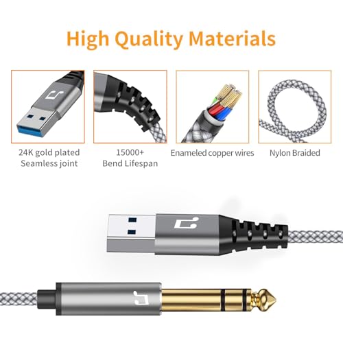 USB to 6.35mm 1/4 inch TRS Audio Stereo Cable 10FT,USB-A to 6.35mm Quarter inch Aux Jack Stereo Cable for Laptop, WindowsAmplifier, Mixer, Home Theater, Speaker ect - size: 10Feet
