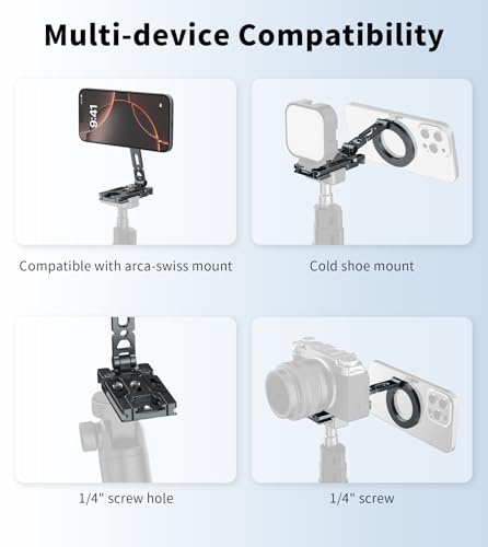 Magnetic Phone Tripod Mount Adapter for MagSafe, Aluminum Foldable Phone Holder with Arca-Swiss & 1/4" Screw Hole, Cold Shoe Mount for Camera, Pocket Mini Selfie Stick Tripod Mount for iPhone/Android