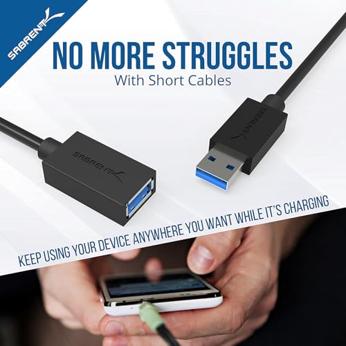 SABRENT 22AWG USB 3.0 Extension Cable A Male to A Female [Black] 6 Feet (CB-3060) - color: BLACK, size: 6 FT