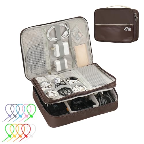Electronics Accessories Organizer Bag, Waterproof Double LayerTravel Cable Organizer Case for Cords, Charger, Power Bank,Hard Drive, Mouse -Shockproof Tech Storage Pouch (Classic-two layers-Brown) - style: Classic-two Layers-brown