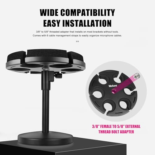 Multi Microphone Holder, Wired and Wireless Mic Holder for Stand, Hold Up to 6 Microphones, Aluminum, Black with stand (Desk)