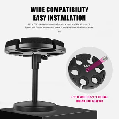 Multi Microphone Holder, Wired and Wireless Mic Holder for Stand, Hold Up to 6 Microphones, Aluminum, Black with stand (Desk)
