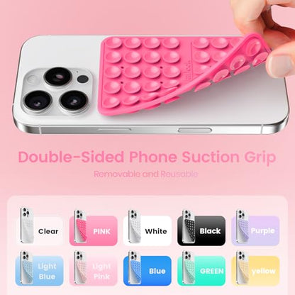 2PCS Silicone Suction Cup Phone Case Mount Double Sided, Hands-Free Phone Accessories Holder for Selfies and Videos, Silicon Sticky Phone Grip for iPhone and Android, Transparent&Hot Pink - color: Transparent&Hot Pink