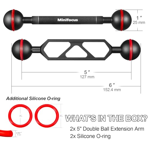 MINIFOCUS 5" Double Ball Aluminum Extension Arm, 1" Ball Head Connector Underwater CNC Arm System Ball Head Extension for Strobe/Video Light/Diving Camera Tray, Waterproof and Rustproof (2pack) - size: 5" Extension Arm