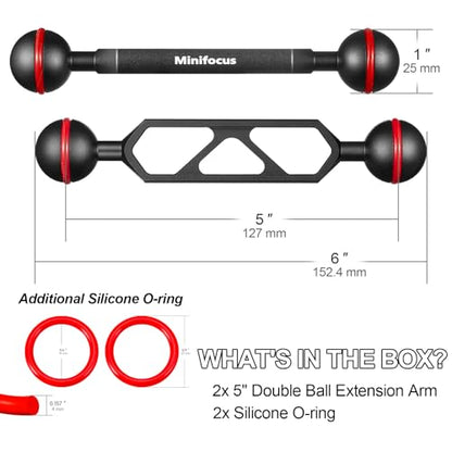 MINIFOCUS 5" Double Ball Aluminum Extension Arm, 1" Ball Head Connector Underwater CNC Arm System Ball Head Extension for Strobe/Video Light/Diving Camera Tray, Waterproof and Rustproof (2pack) - size: 5" Extension Arm