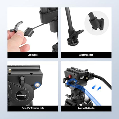 NEEWER LL34 78" Video Camera Tripod One Step Quick Release with Adjustable Damping Fluid Head, Heavy Duty Carbon Fiber Tripod with Dual Mode QR Plate, Max Load 22lb - style: LL34