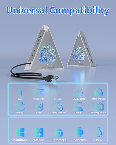 7-Port USB 3.0 Hub, Silver Vertical USB Expander with Tree-Themed RGB Lighting, 5Gbps Transfer Speed, 2FT Extension Cable, for MacBook, Laptop, Desktop, Xbox, Flash Drive, Printer - color: 4-Tree Silver
