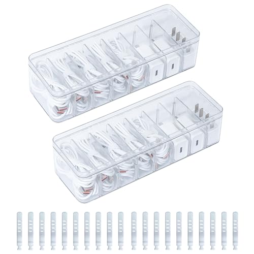 2 Pack Cable Organizer Box with Lid, Plastic Cord Storage Organizer with 8 Adjustable Compartments for Home Office Desk Drawer, Clear Phone Charger Bins - color: Clear ( with Lid ), size: 2 Pack