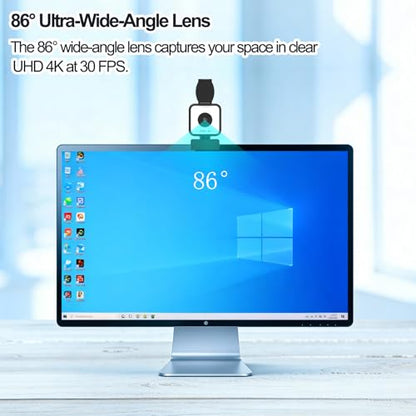 4K USB Webcam with Dual Microphones, 9X Hybrid Zoom, Auto Light Correction, 86° Wide Angle for Video Conferencing, Live Streaming, Remote Work, Compatible with PC Desktop Laptop