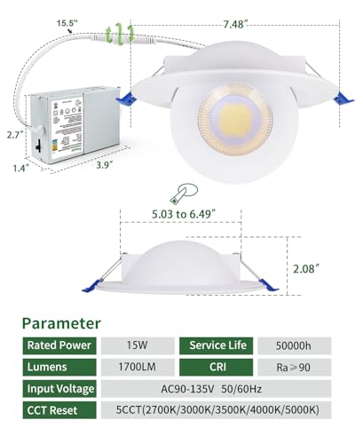 zouzai 6 Inch Gimbal LED Recessed Lights, White, 1 Pack, with Junction Box, 360°+ 90° Adjustable, 5CCT 2700K-5000K, Dimmable, Canless Eyeball Downlight, CRI90+, 1700LM 15W 120V, ETL - color: White-6 inch, size: 1 Pack