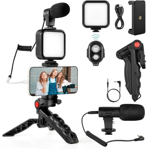 Vlogging Kit with Light and Microphone Pistol Grip Tripod | Studio LED Light, Professional Mini Portable Tripod Grip for Vlogging, TikTok, YouTube Videos | for Smart Phones Cameras