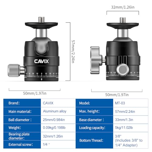 CAVIX 25mm Mini Ball Head 360° Panoramic Tripod Head Small Ball Head with 1/4" Quick Release Plate, for DSLR/Mirrorless Camera, Compatible with Tripods, Monopods and Sliders, Max Load 11lb/5kg - color: HB03A