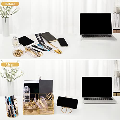 KAAKOW Gold Desk Organizers and Accessories Office Supplies Set Stapler, Pen Holder, Phone Holder, Scissors, Pen, Ruler, 30 Paper Clips, 22 Binder Clip, 20 Tacks and 1000pcs Staples (Gold) - color: Gold