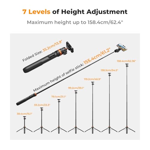 K&F CONCEPT MS08 62'' Phone Selfie Stick Tripod, 2-in-1 Extendable Cell Phone Tripod Stand with Remote, 360° Ball Head Camera Tripod Compatible with DJI Osmo Pocket 4/3 GoPro 13/12 iPhone17. - color: Black