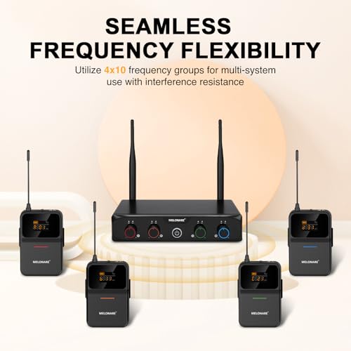 MELONARE 4-Channel Wireless Microphone System,UHF Compact Cordless Mic Set w/ 4x10 Frequencies, 200ft Range, 4 Bodypacks & Headset/Lapel Microphones for Singing, Church, Conference (MWM-41-4B) - size: 4 Bodypack Mics