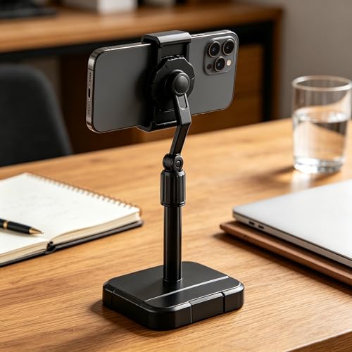 1 Pcs Telescopic Desktop Phone Stand, 360 Rotating Adjustable Height Holder, Stable Cradle for Smartphones Tablets and Ipads(Black)