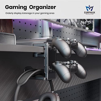 3-in-1 PC Gaming Headset&Controller Holder - EURPMASK Headphone Stand w/Adjustable Clamp&2 Controller Holder&Rotating Arm&Cable Organizer, Universal PC Gaming Accessory Controller Headset Stand-Black - color: Black