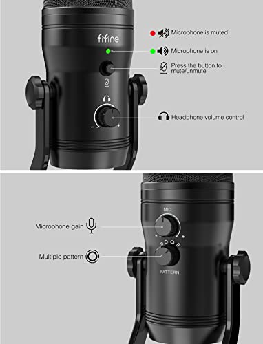 FIFINE USB Studio Recording Microphone Computer Podcast Mic for PC, PS4, Mac with Mute Button & Monitor Headphone Jack, Four Pickup Patterns for Vocals YouTube Streaming Gaming ASMR Zoom-Class (K690)