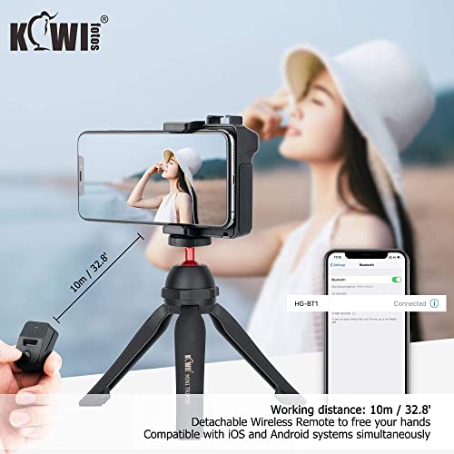 KIWIFOTOS Phone Camera Grip with Remote Shutter Cold Shoe Mount | Fits 2.3-3.3" phones inch. for iPhone 17 16 15 Pro S26 S25, vlog & selfie. Cold shoe for mic/light. 1/4" tripod thread. - color: Phone Camera Grip