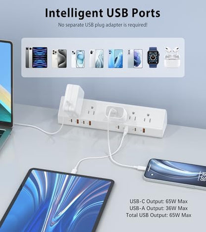 Desk Clamp Power Strip 65W Fast Charging Station,4 PD USB-C,5 Outlets,Nightstand Desk Edge Mount Tower Surge Protector,15 Amp Heavy Duty Power Strip,Fits 1.96" Tabletop Edge (White, 6 FT Cable) - color: White, size: 6 FT Cable