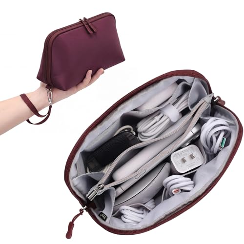 FYY Travel Cable Organizer - 8 Compartments, Lightweight, Water Repellent | With Wrist Strap, Portable Tech Pouch for Cord Charger, Travel and Business Trips Use, Soft Shell Nylon, Wine Red (Large) - color: Wine Red, size: (L) 9.6"× 5.5"× 3.7"