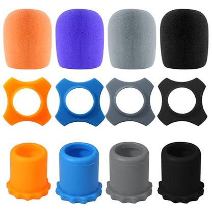 Bonsicoky 4 Set Microphone Protection Foam Mic Cover - Including 4 Pcs Foam Microphone Windscreen Cover - 4 Pcs Silicone Rings - 4 Pcs Bottom Rod Sleeve Holder - size: 4 Set
