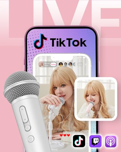 Singing Microphone with Earphone, Ideal for Vocal Recording, Podcasting, Live Streaming, Gaming, Compatible with Smule & Starmaker & Stingray, USB-C Dongle & Lightning Adapter, White
