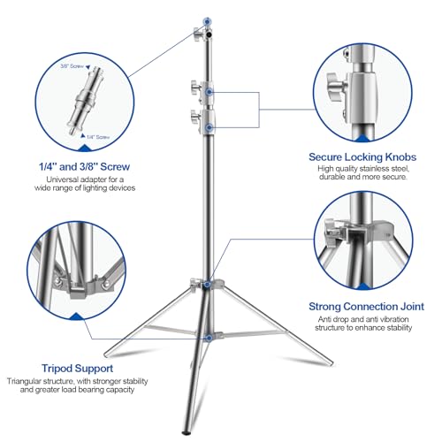 WELLMAKING Stainless Steel Photography Light Stand 9.2ft/280cm.Spring Cushioned Heavy Duty Tripod Stand with 1/4”to3/8” Screw Adapter and Tilt Swivel Mount for Strobe, Video Light,ring light,Monolight - size: 9.2ft