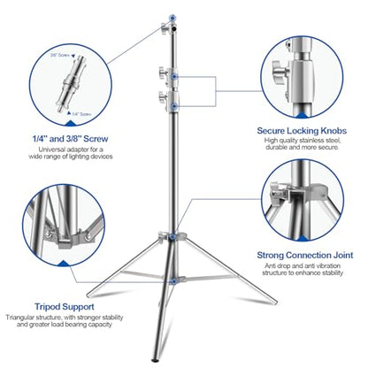 WELLMAKING Stainless Steel Photography Light Stand 9.2ft/280cm.Spring Cushioned Heavy Duty Tripod Stand with 1/4”to3/8” Screw Adapter and Tilt Swivel Mount for Strobe, Video Light,ring light,Monolight - size: 9.2ft