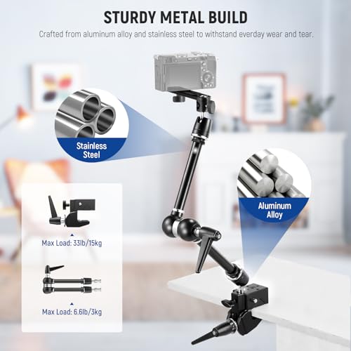 NEEWER 21" Magic Arm Camera Mount with Super Clamp, Overhead Desk Mount with 360° Dual Ball Head, 1/4" 3/8" 5/8" Stud Adapter for PA073 PA074 Phone Cage Rig DSLR Camera Monitor Video Light, UA018 - style: UA018