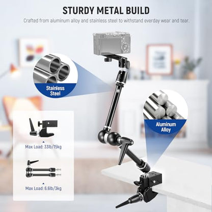 NEEWER 21" Magic Arm Camera Mount with Super Clamp, Overhead Desk Mount with 360° Dual Ball Head, 1/4" 3/8" 5/8" Stud Adapter for PA073 PA074 Phone Cage Rig DSLR Camera Monitor Video Light, UA018 - style: UA018