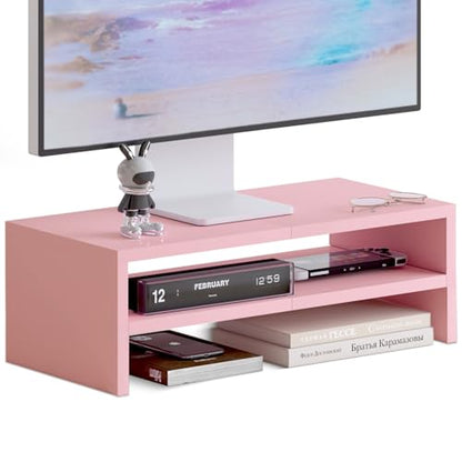 TEAMIX 2 Tiers Pink Monitor Stand Riser, Desktop Stand with Keyboard Storage Small TV Stand Laptop Wooden Desk Organizer Cute Shelf (Pink, 2 Tiers) - color: Pink
