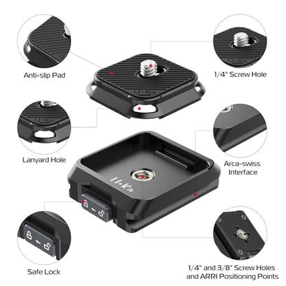ULANZI UKA01 Camera Quick Release Plate, Tripod Mount Adapter Camera Quick Release Kit w 1/4''-3/8" Screw for Gimbals, Sliders, DSLR, Tripods DJI Sony& 38mm Arca-Swiss Max Load 20kg (Base & Plate)