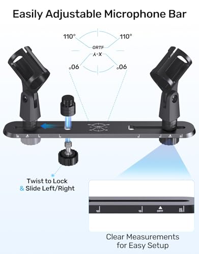 Stereo Array Spacing Mic Bar Mount, Aluminum Dual Microphone Holder with Ruled Markings & Adjustable Positioning, Fits 5/8", 3/8" & 1/4" Stands, Ideal for XY/ORTF Recording, Studio, Podcasting - size: Mic Bar