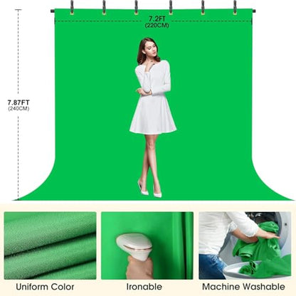 Green Screen Backdrop with Stand, 8x7.2ft Portable Greenscreen Background with Stand, T-Shape Green Screen Stand kit with 6 Spring Clamps, Sandbag, Carry Bag for Zoom, Video - size: 8x7.2 FT