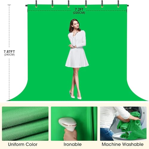 Green Screen Backdrop with Stand, 8x7.2ft Portable Greenscreen Background with Stand, T-Shape Green Screen Stand kit with 6 Spring Clamps, Sandbag, Carry Bag for Zoom, Video - size: 8x7.2 FT