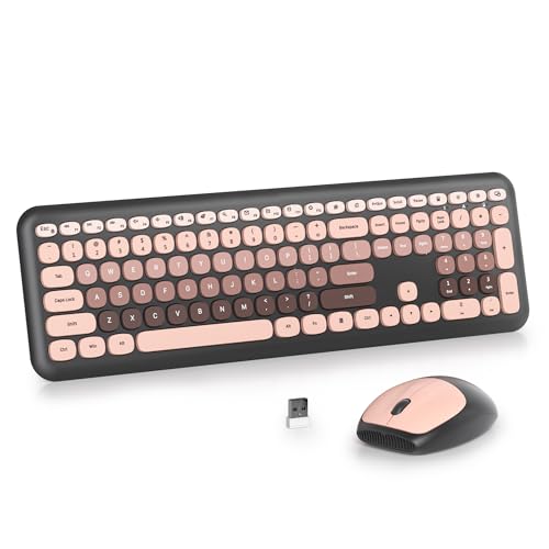 Colorful Pink Quiet Keyboard and Mouse Wireless, Retro Typewriter 104-Key Fullsize Keyboard Round Keys for Home Office Dorms PC/Laptop/Desktop(Heimei) - color: Heimei
