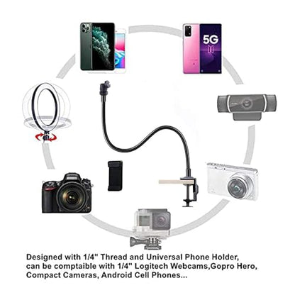 Webcam Stand Phone Holder 27" Adjustable Gooseneck Desktop Camera Desk Guard Clamp Mount for All Cellphones, Logitech Webcam C925e C922 C930e C930 C920 C615, Etc. (1/4" Threaded, Two-way Clamp) - style: Two-way Clamp (Webcam Phone Stand)