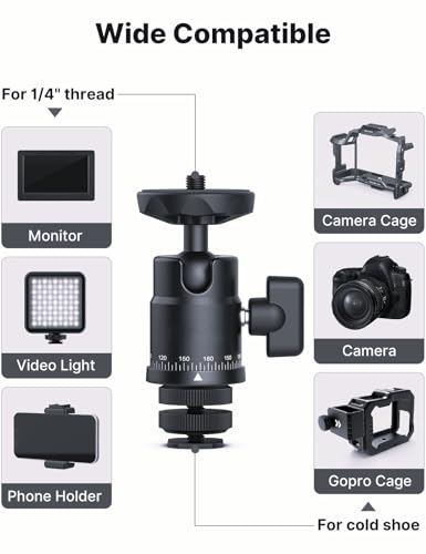 Mini Ball Head Tripod Mount for Camera, 360° Rotating Panoramic Head w Dual Hot Shoe Cold Shoe Adapter, 1/4" Thread for DSLR Mirrorless Phone Action Cam Flash Mic Monitor Light, 5.5 Lbs Max Load