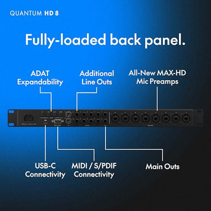 Fender Quantum HD 8 | 26x30 USB-C Audio Interface for Music Production, Next-Gen MAX-HD Mic Preamps, Instrument Inputs, ADAT & S/PDIF I/O, Auto Gain, Re-Amp Outputs, Loopback, Headphone Amp, Mac & PC | 26x30 USB-C Audio Interface with Max-HD Mic Preamps,