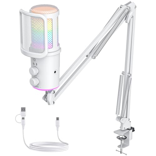 Gaming USB Microphone, Noise Cancellation Condenser Mic with Mute,Boom Arm Mic-Reverb Adjustment, Monitoring for Streaming, Podcasting, Discord, YouTube,PC, Computer, PS4, PS5, Mac-White - color: White