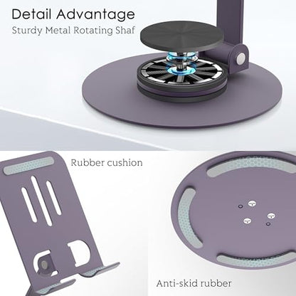Metal Cell Phone Stand for Desk, Multi-Angel Adjustable 360° Rotation Desktop Phone Holder and Foldable Mobile Phone Stand, Compatible with iPhone 17 16 Pro Max and All Smartphones, Purple - color: Purple