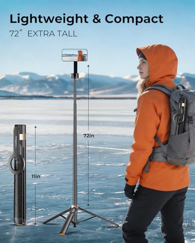 Magnetic Selfie Stick Tripod 72 Inch for iPhone MagSafe, Extendable Phone Tripod Stand with Bluetooth Remote, 360° Rotation Aluminum Selfie Stick for Travel, Vlog, TikTok - color: Black