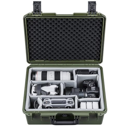 Lykus PVC1 Waterproof Hard Camera Case with Padded Dividers for Cameras, Lenses, Dual DJI Mavic/Air/Mini/Flip drones - color: Green PVC1
