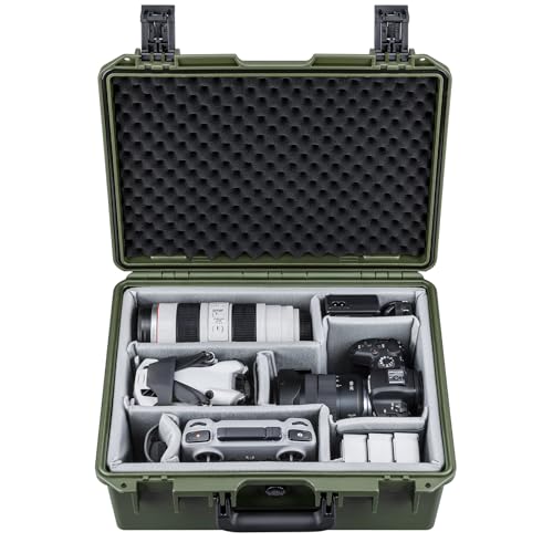 Lykus PVC1 Waterproof Hard Camera Case with Padded Dividers for Cameras, Lenses, Dual DJI Mavic/Air/Mini/Flip drones - color: Green PVC1